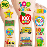 96 PCS Happy 100 Days of School Temporary Tattoos Theme Birthday Party Favors Supplies Decorations Decor Colorful Smarter 100th Day Tattoo Stickers Gifts For Students Teachers Kids Boys Girls Prizes